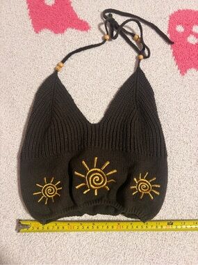 Handmade Brown Knit Halter Top with Yellow Sun Embroidery